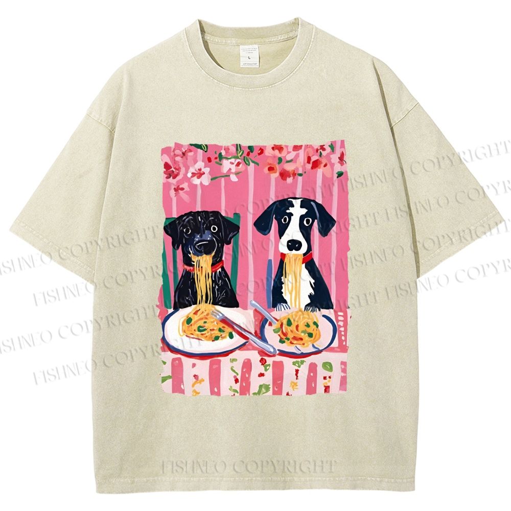 Unisex Dogs Having Spaghetti Printed Washed Tee