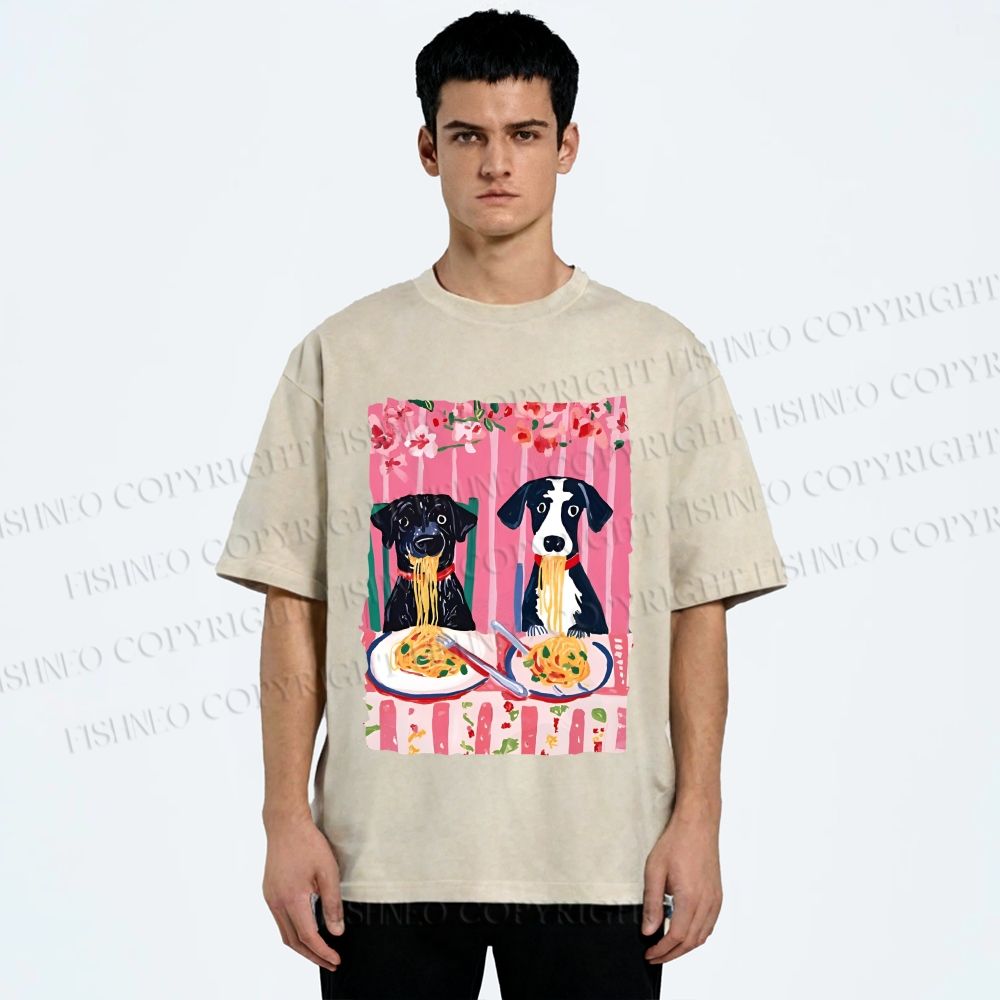 Unisex Dogs Having Spaghetti Printed Washed Tee