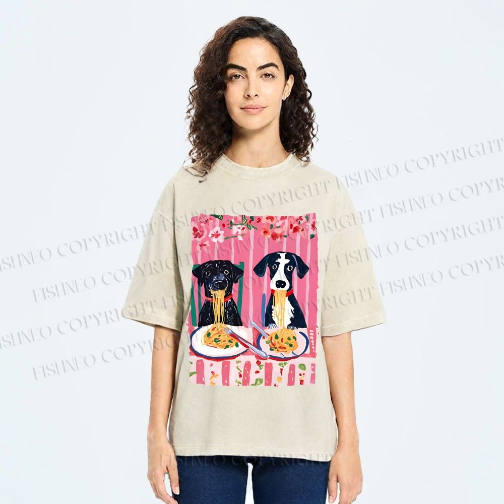 Unisex Dogs Having Spaghetti Printed Washed Tee