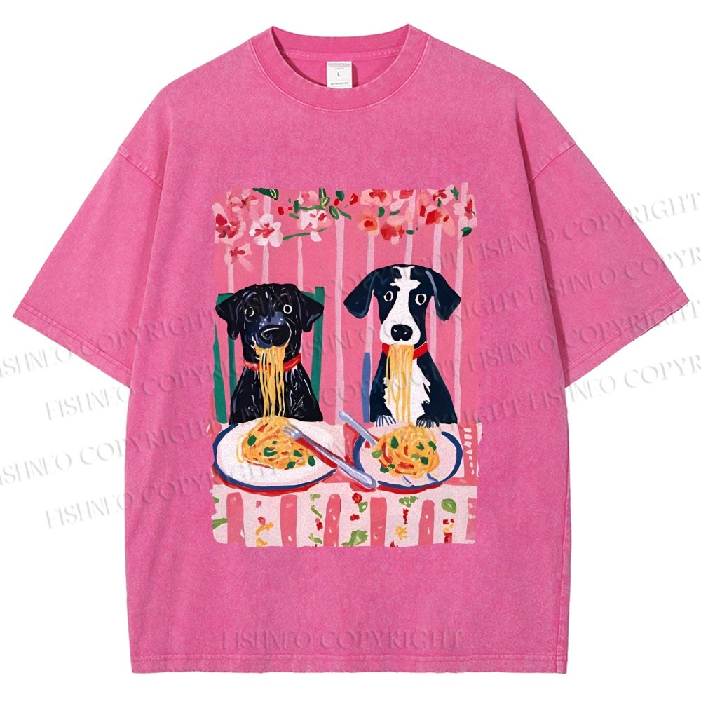 Unisex Dogs Having Spaghetti Printed Washed Tee