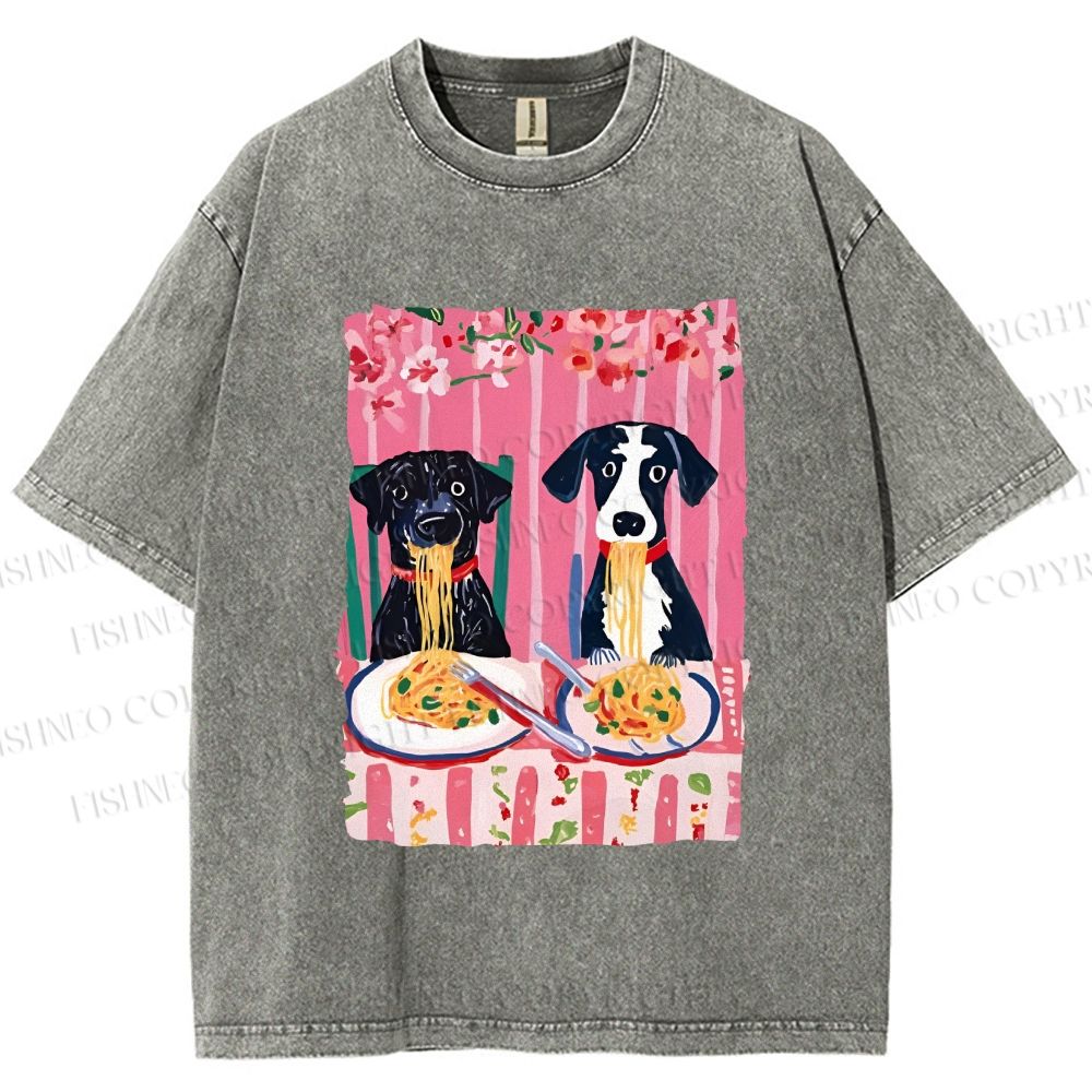 Unisex Dogs Having Spaghetti Printed Washed Tee