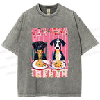Unisex Dogs Having Spaghetti Printed Washed Tee