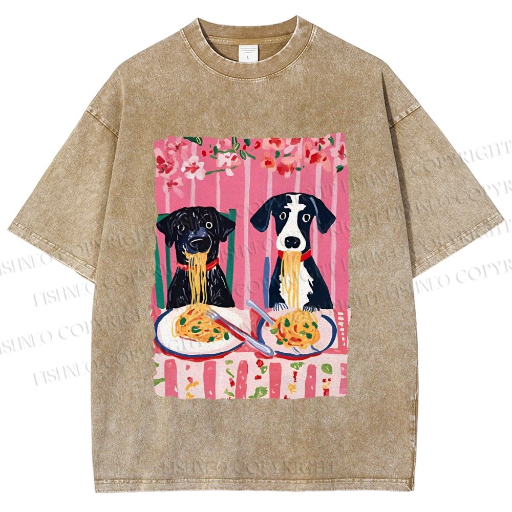 Unisex Dogs Having Spaghetti Printed Washed Tee