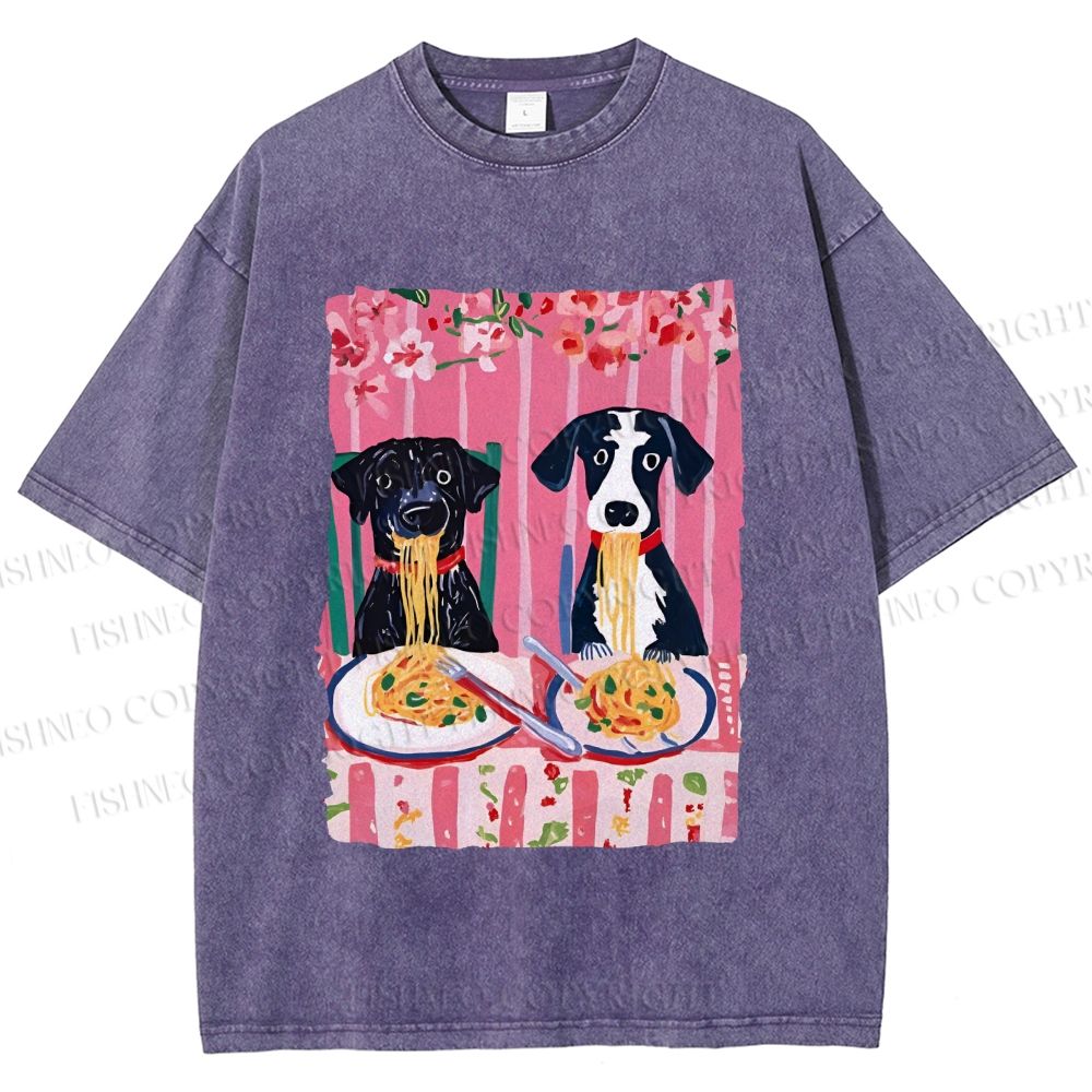 Unisex Dogs Having Spaghetti Printed Washed Tee