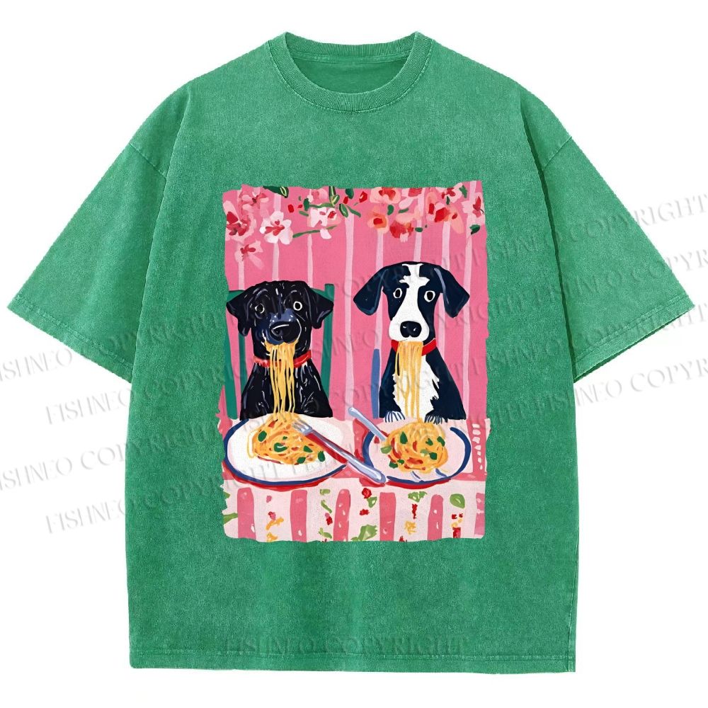 Unisex Dogs Having Spaghetti Printed Washed Tee