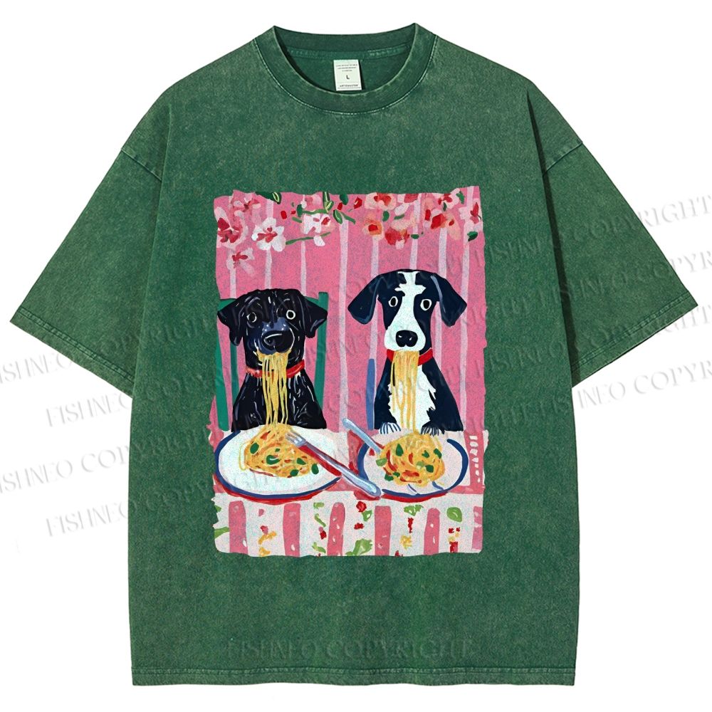 Unisex Dogs Having Spaghetti Printed Washed Tee