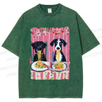 Unisex Dogs Having Spaghetti Printed Washed Tee