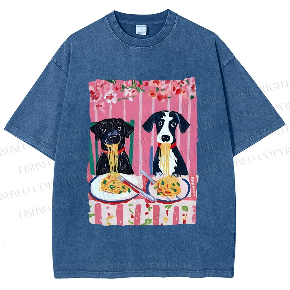 Unisex Dogs Having Spaghetti Printed Washed Tee