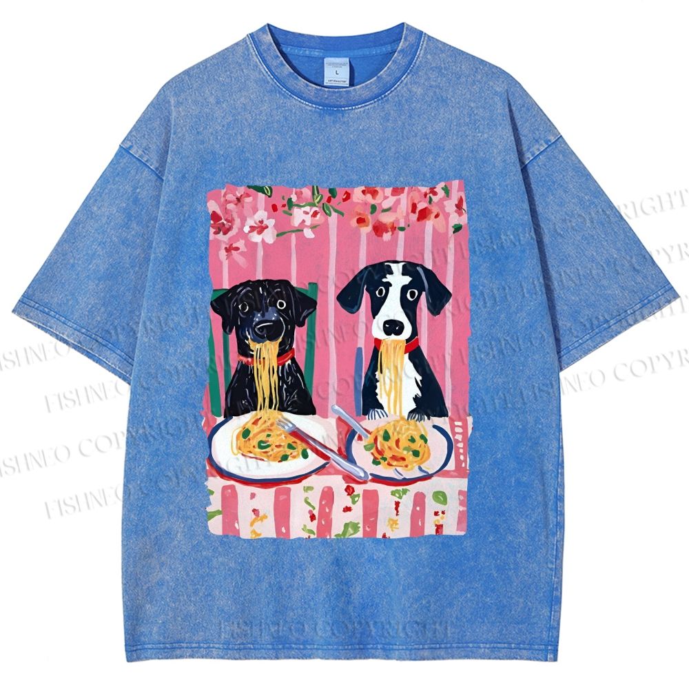 Unisex Dogs Having Spaghetti Printed Washed Tee
