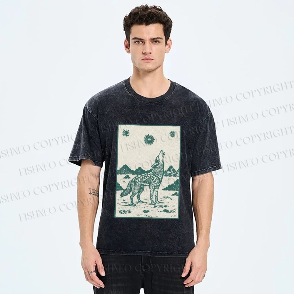 Unisex Lonely Wolf Printed Washed Tee