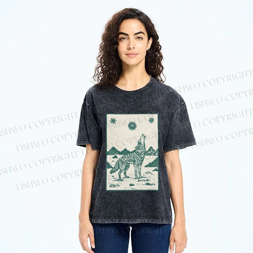 Unisex Lonely Wolf Printed Washed Tee