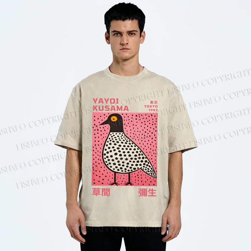 Unisex Yayoi Kusama Bird Printed Washed Tee