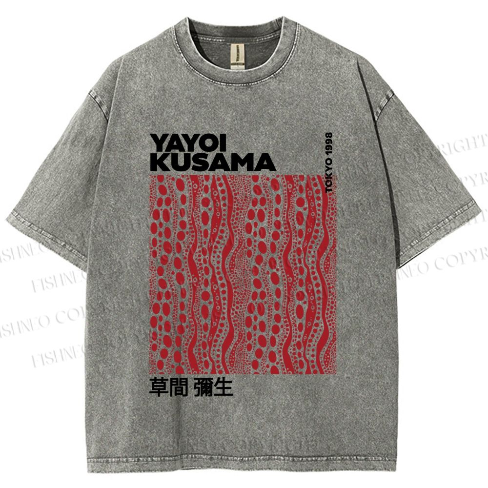 Unisex Yayoi Kusama Red Line Dots Graffiti Printed Washed Tee