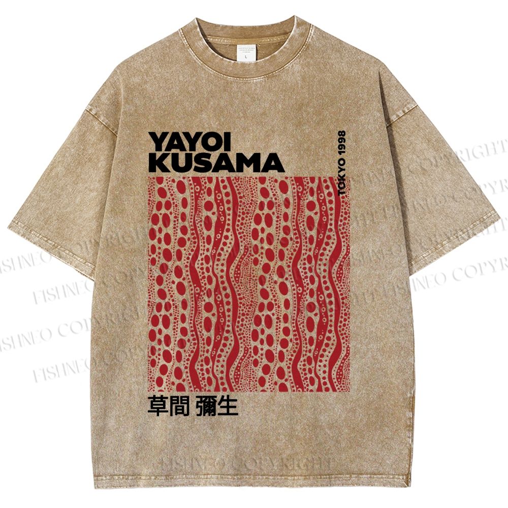 Unisex Yayoi Kusama Red Line Dots Graffiti Printed Washed Tee