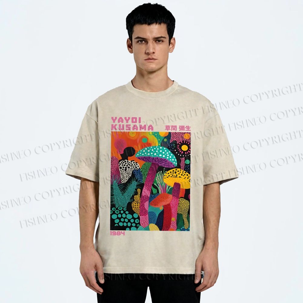 Unisex Yayoi Kusama Multicolor Mushroom Printed Washed Tee