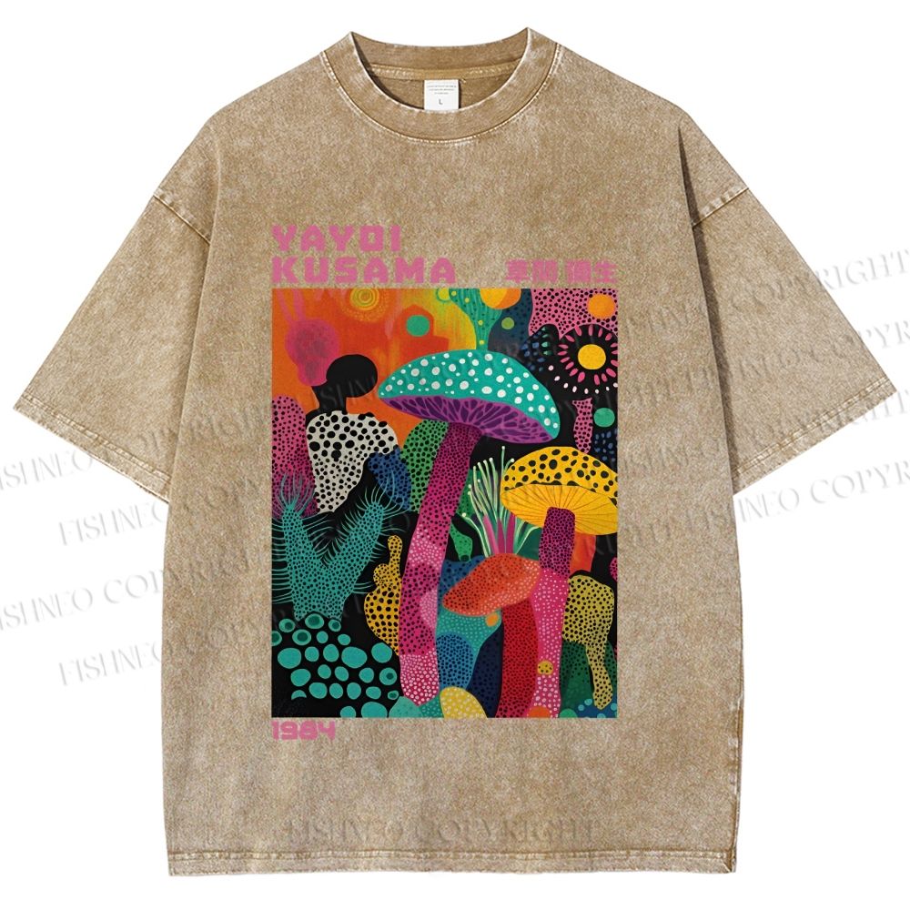 Unisex Yayoi Kusama Multicolor Mushroom Printed Washed Tee