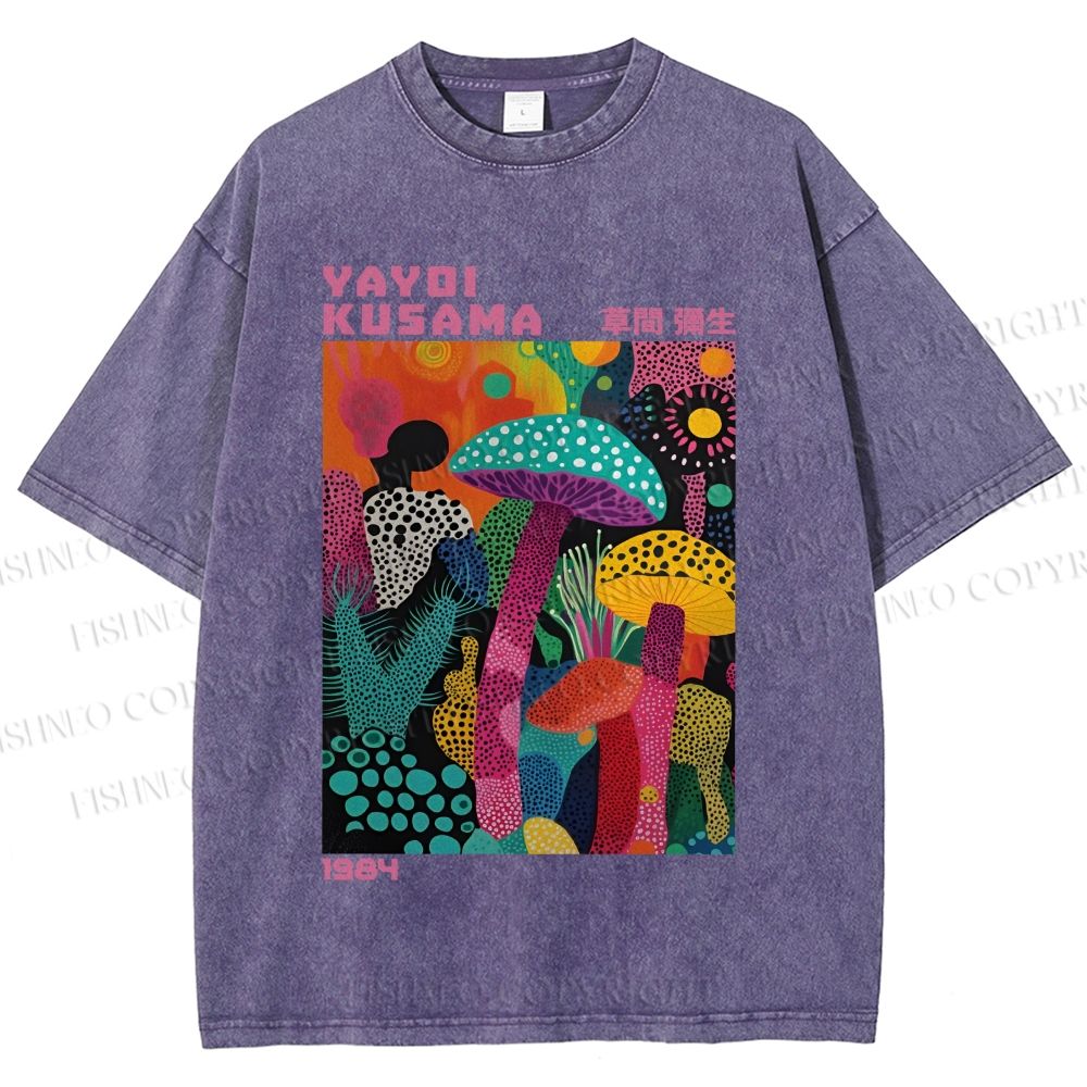 Unisex Yayoi Kusama Multicolor Mushroom Printed Washed Tee