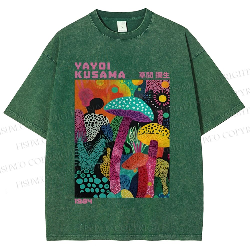 Unisex Yayoi Kusama Multicolor Mushroom Printed Washed Tee