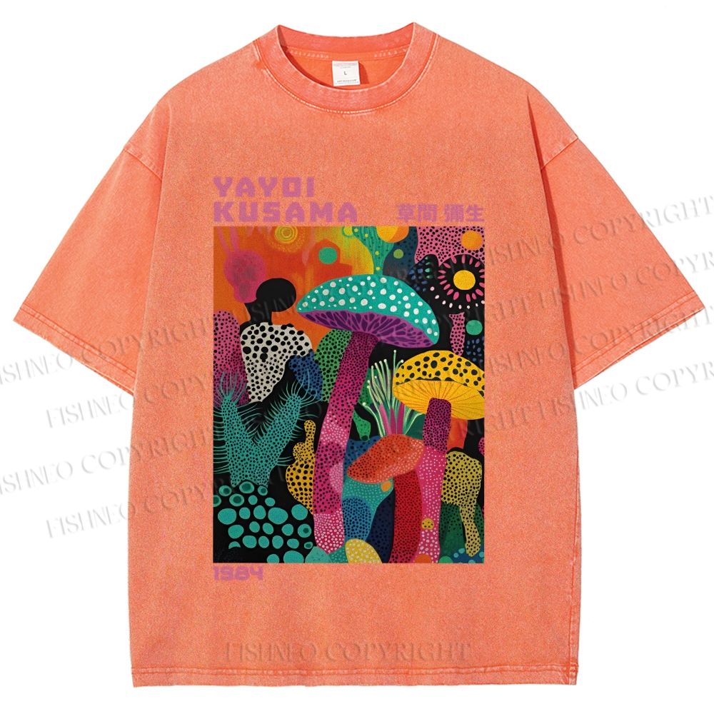 Unisex Yayoi Kusama Multicolor Mushroom Printed Washed Tee