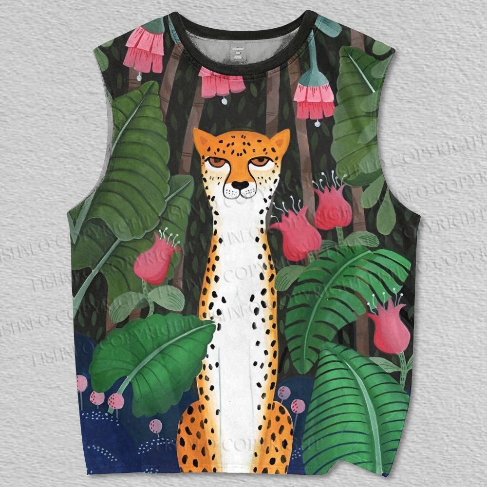 Unisex Silly Panther in Flowers Printed Tank Top