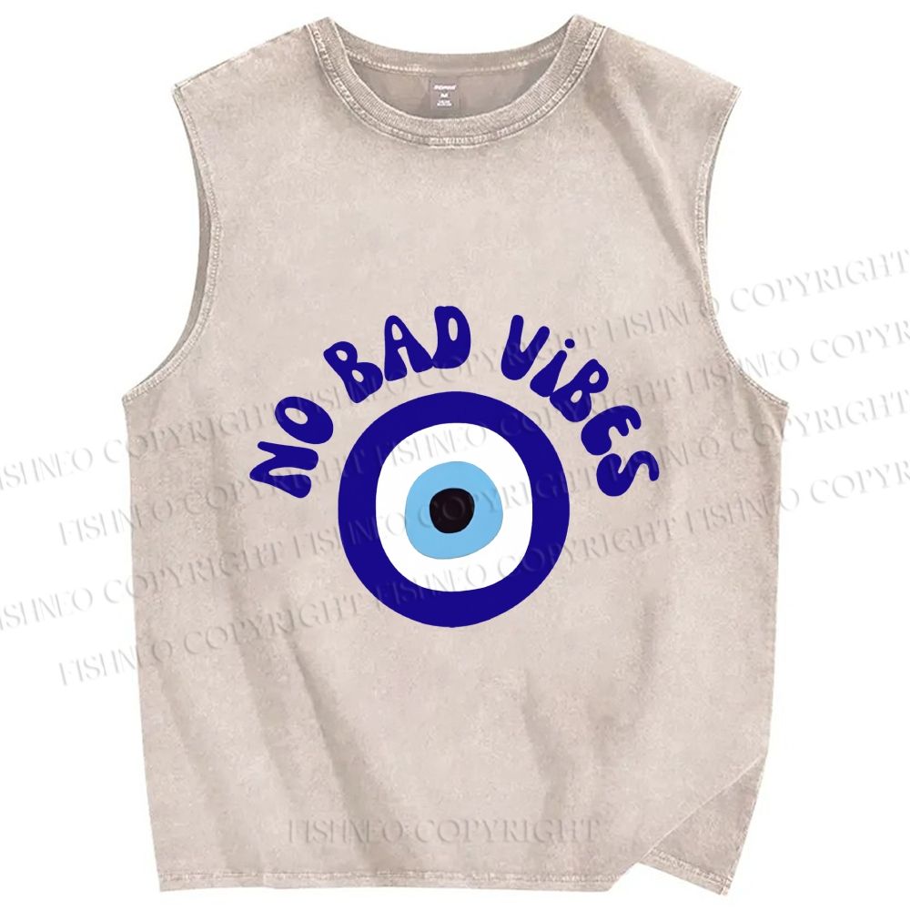 Unisex Blue Eye No Bad Vibes Printed Washed Tank Top