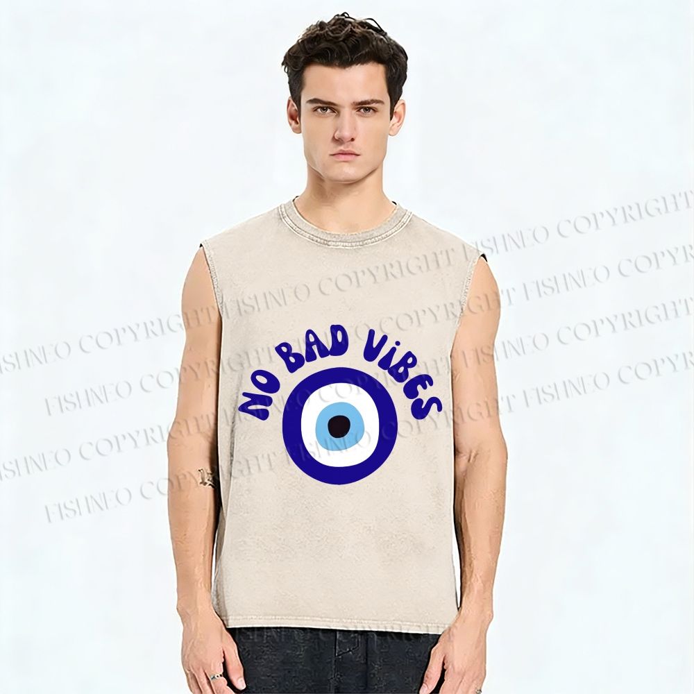 Unisex Blue Eye No Bad Vibes Printed Washed Tank Top