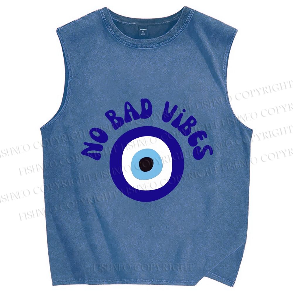 Unisex Blue Eye No Bad Vibes Printed Washed Tank Top