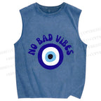 Unisex Blue Eye No Bad Vibes Printed Washed Tank Top