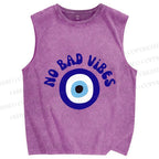 Unisex Blue Eye No Bad Vibes Printed Washed Tank Top