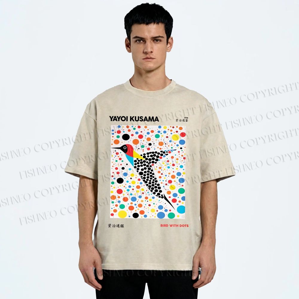 Unisex Yayoi Kusama Polka Dot Bird Printed Washed Tee