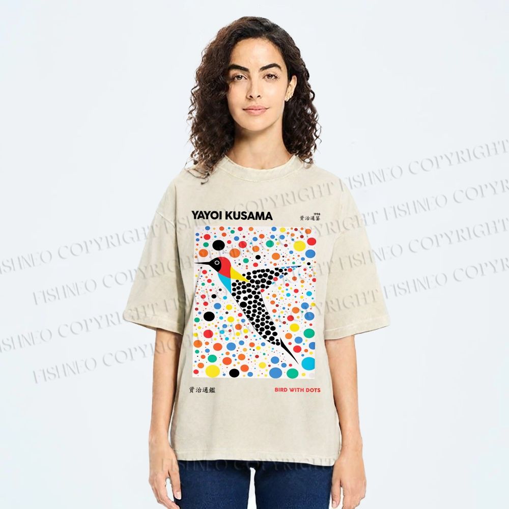 Unisex Yayoi Kusama Polka Dot Bird Printed Washed Tee