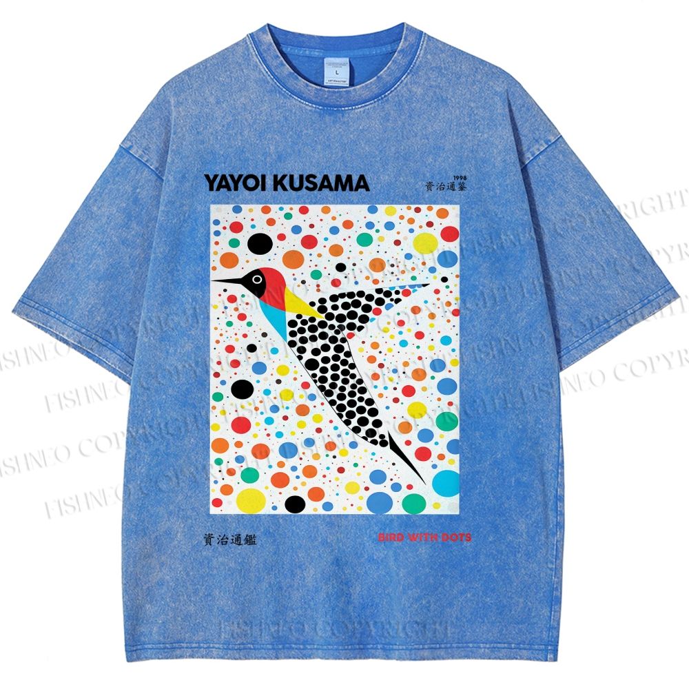 Unisex Yayoi Kusama Polka Dot Bird Printed Washed Tee