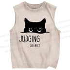 Unisex Judging Silently Cat Printed Washed Tank Top