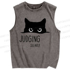 Unisex Judging Silently Cat Printed Washed Tank Top