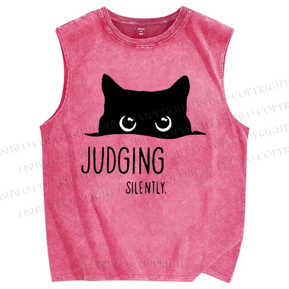 Unisex Judging Silently Cat Printed Washed Tank Top