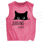 Unisex Judging Silently Cat Printed Washed Tank Top