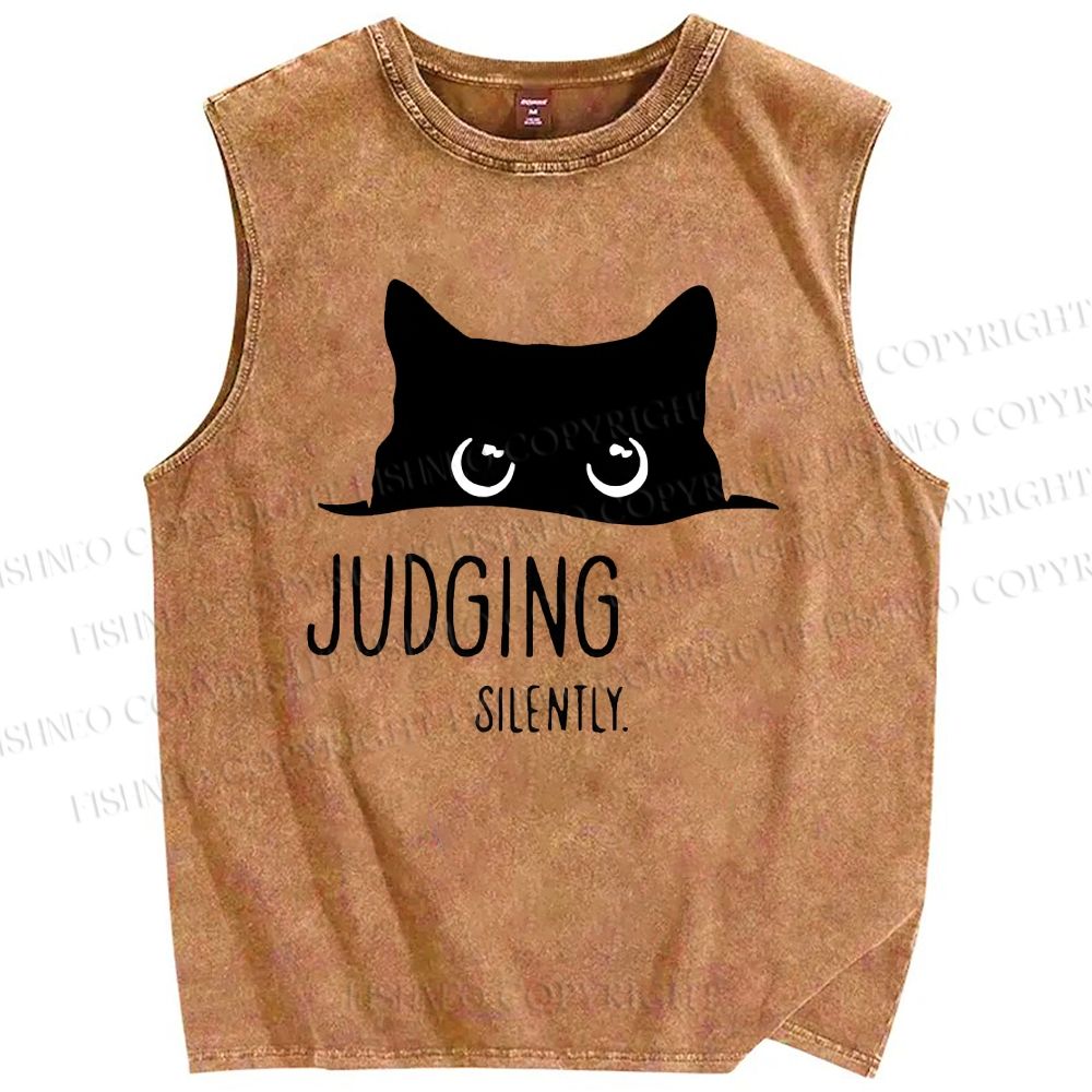 Unisex Judging Silently Cat Printed Washed Tank Top