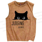 Unisex Judging Silently Cat Printed Washed Tank Top