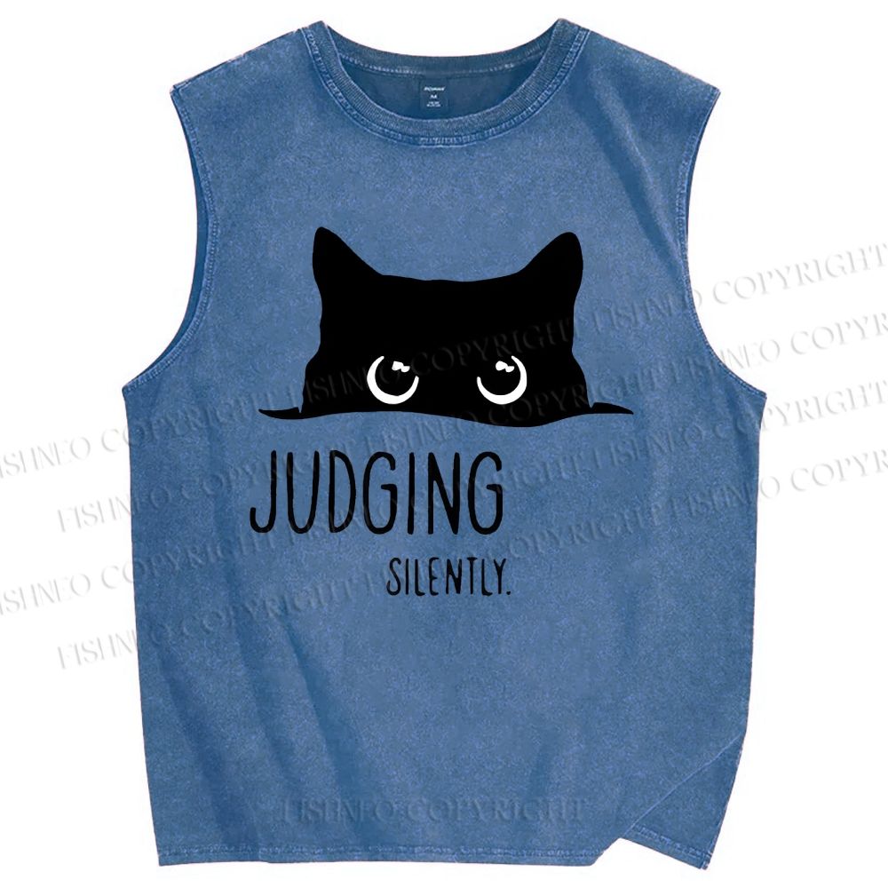 Unisex Judging Silently Cat Printed Washed Tank Top