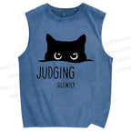 Unisex Judging Silently Cat Printed Washed Tank Top