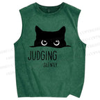 Unisex Judging Silently Cat Printed Washed Tank Top
