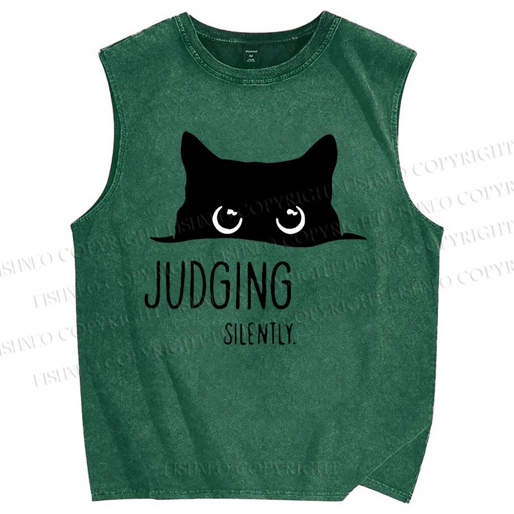Unisex Judging Silently Cat Printed Washed Tank Top