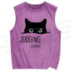 Unisex Judging Silently Cat Printed Washed Tank Top