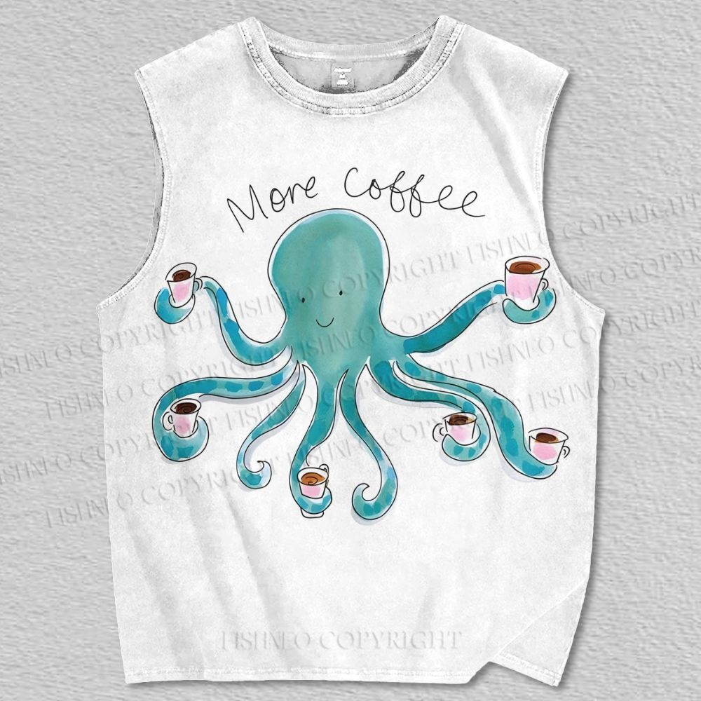 Unisex Cartoon Octopus More Coffee Printed Tank Top