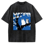 Cat And Owl Under Sakura Vintage Washed T-shirt