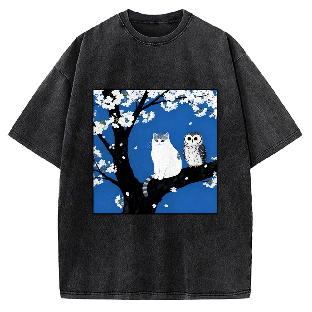 Cat And Owl Under Sakura Vintage Washed T-shirt