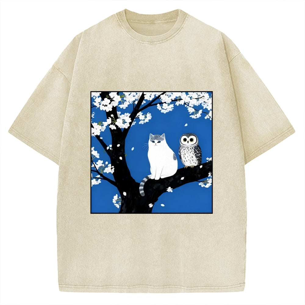 Cat And Owl Under Sakura Vintage Washed T-shirt