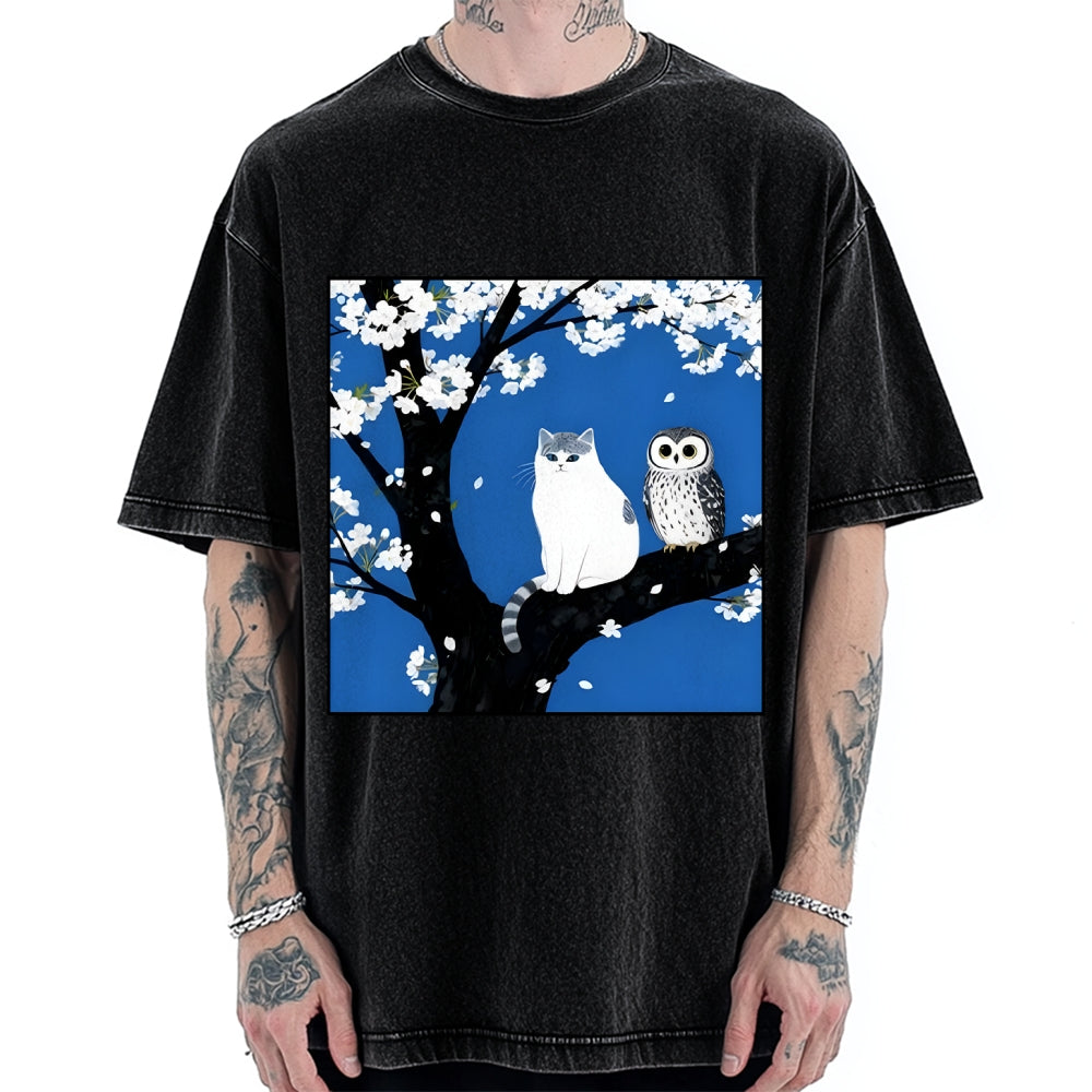 Cat And Owl Under Sakura Vintage Washed T-shirt