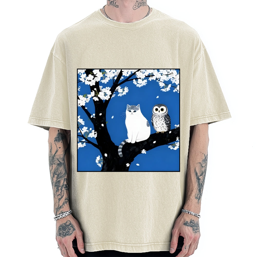 Cat And Owl Under Sakura Vintage Washed T-shirt
