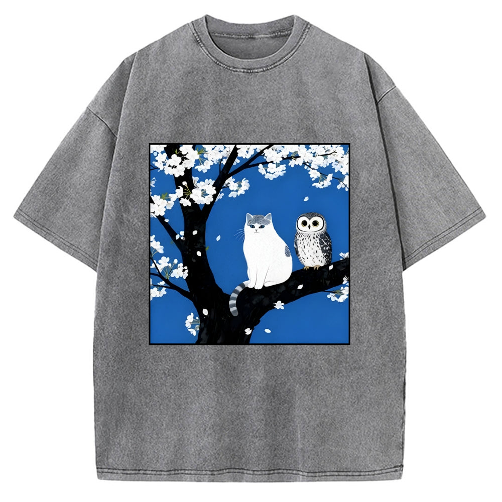 Cat And Owl Under Sakura Vintage Washed T-shirt